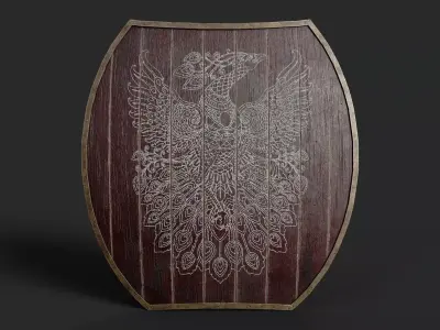 Slavic hybrid shield-painted red with pheasant symbol Low-poly 3D model