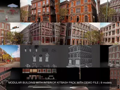 MODULAR BUILDING WITH INTERIOR KITBASH PACK WITH DEMO FILE 3D Model Collection