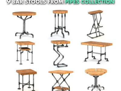 9 Bar stools from pipes collection Free 3D model