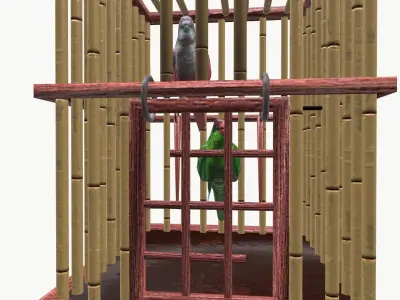 Parakeets in cage Low-poly 3D model