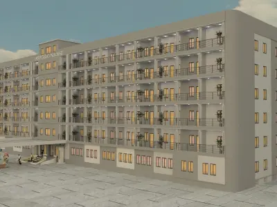Hotel building with solar panels on roof 3D model