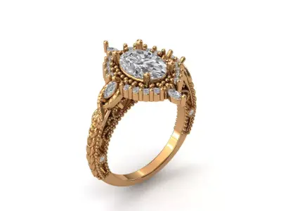 Antique Inspired Oval Diamond Ring Gold Ornate Womens Ring 3D print model