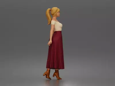 shopper strolls downtown wearing off shoulder top pleated skirt 3D print model