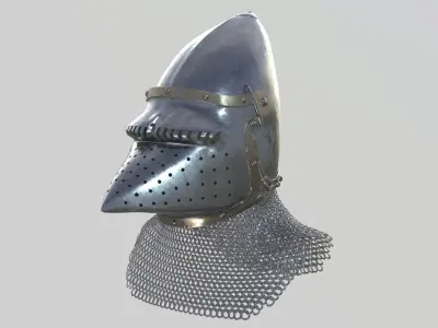 Medieval Bascinet02 with chainmail Low-poly 3D model