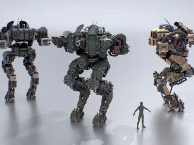 Animated sci-fi military mech Low-poly 3D model