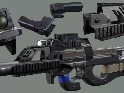 P90 with RIS Colimator Sight and Charging Handle Low-poly 3D model