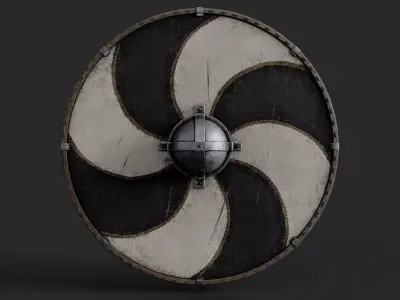 Slavic round leather shield-painted black and white sun wheel Low-poly 3D model