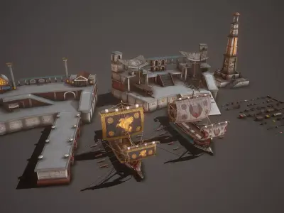 Seaport and Ship Pack Low-poly 3D model