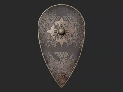 Slavic kite leather shield-painted black with pheasant symbol Low-poly 3D model