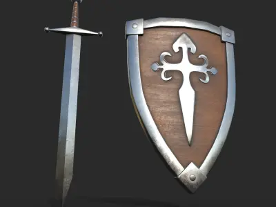 Simple Sword and shield Low-poly 3D model
