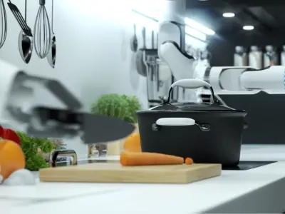 Robot Chef cooking soup 3d realistic animated scene Vray 3D model
