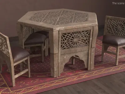 Vintage Dining Table and Chairs with Arabesque Carvings 3D model