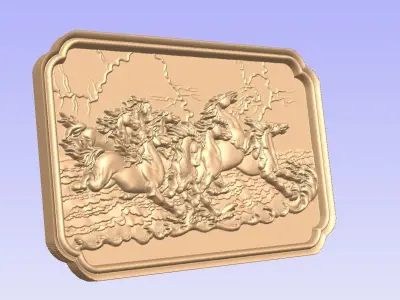 horses wooden plaque with riding in water 3D model