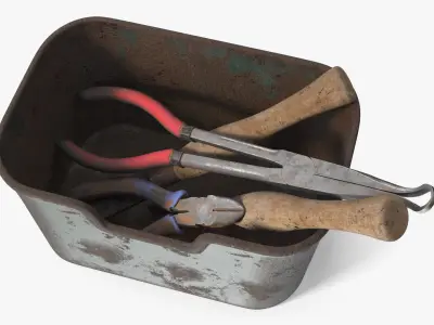 Old Hand Tool Set in Rusty Metal Tray 3D model