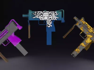Three stylized Mac-10 PBR game ready Low-poly 3D models Low-poly 3D model