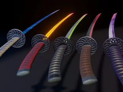 Stylized Katana Asset with five skins low poly game ready Low-poly 3D model