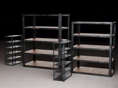 Industrial Metal Wood Shelving Set Low-poly 3D model