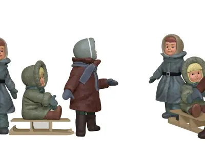 001317 three small kids playin with sled 3D model