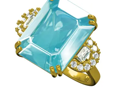Antique Aquamarine Emerald Cut Diamond Cocktail Ring 3D print model