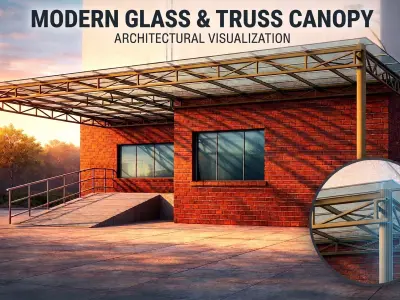 Commercial Building Entrance with Glass Canopy and Ramp 3D Model 3D model