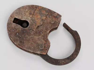 Rusty Padlock - Rigged Lock with Shackle and Sliding Key Cover 3D model