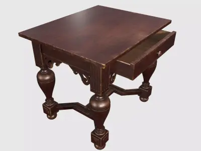 Antique vintage wooden writing desk with carved legs and drawer 3D model