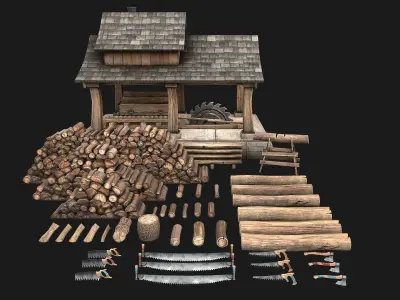 Sawmill and Lumberjack Set Low-poly 3D model