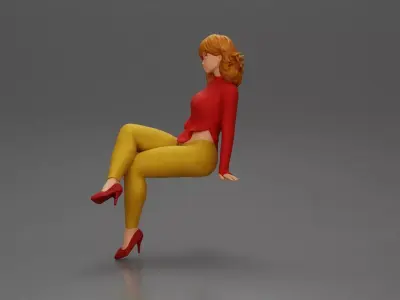 Stylish woman sitting confidently in red top yellow pants heels 3D print model