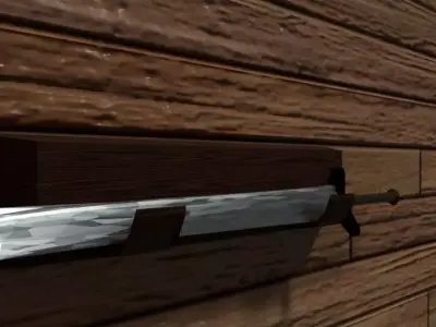 Low Poly Sword hanging on wooden wall Free low-poly 3D model