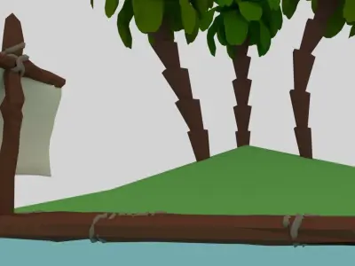 Wooden Raft with island Low-poly 3D model