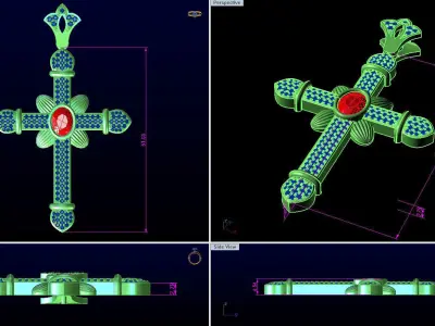 Antique style cross with ruby gem 3D print model