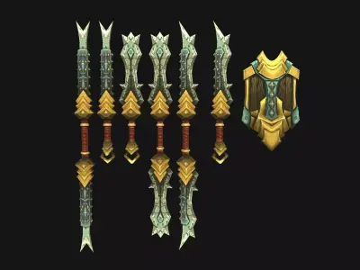 Stylized Handpainted Sword and Shield  Low-poly 3D model