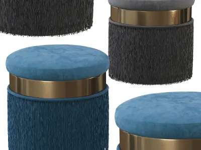 BLUSH MAUVE PINK LONG FRINGED ROUND VELVET OTTOMAN FOOTSTOOL 3D model