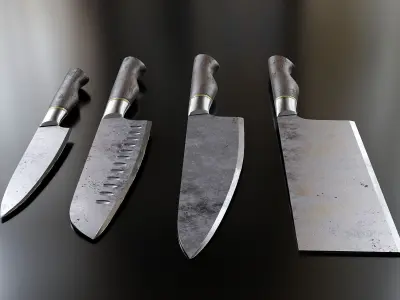 Set of old scratched kitchen knifes 3D model