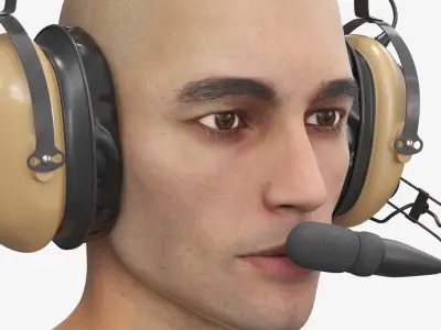 Aviation Pilot Headset on Male Head Desert Fur 3D model