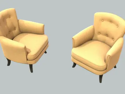 Vintage Chair Tan Linen Upholstery Wrought Iron Legs 3D model
