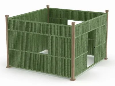 Bamboo Wall Panel Set with Door Window Solid Panels and Posts 3D model