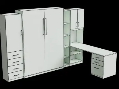 White Desk Cabinet Wall Bed Closed 3D model