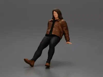 Man with long hair wearing jacket sitting with relaxed posture 3D print model