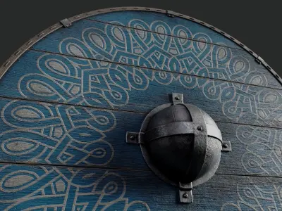 Slavic round wooden shield-painted blue with nordic symbol Low-poly 3D model