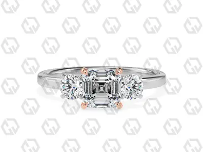Ring 101 Asscher Shape 3 stone ring with round 3D print model