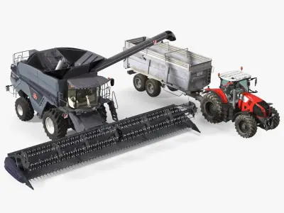 Harvester Massey Ferguson with Tractor with Agricultural Trailer 3D model