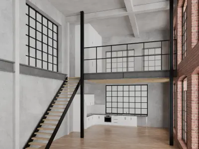 Industrial style warehouse loft conversion interior scene 3D model