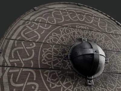 Slavic round wooden shield-painted  with nordic symbol Low-poly 3D model