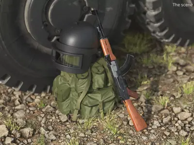 Armor Helmet with Ak-47 Rifle and Tactical Backpack 3D model purchase