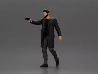 Man in Black Coat Aiming a Gun with Confident Stance 3D print model
