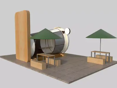 Coffee Stall with Seating Area and Umbrellas Low-poly 3D model