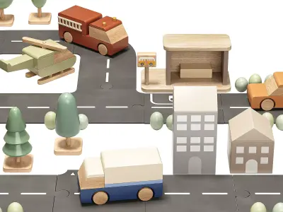 Coco Village Wooden Cars and Puzzle Roads Toy 3D model