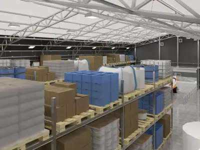 Warehouse 3 orange and truck in 3D model
