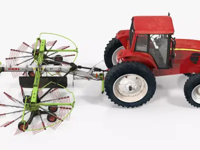Tractor with Used Twin Rotor Rake Claas Liner 2700 Rigged 3D model